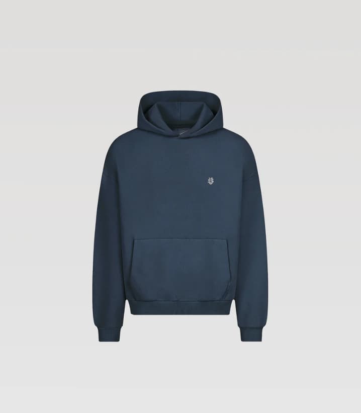 Ensemble unisexe à capuche brodée, manches longues, noir et bleu, style sportswear confortable et ample, composé d'un sweat-shirt et d'un pantalon