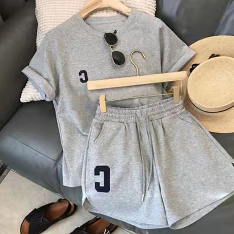 Women's Clothing fashion casual embroidery suit women's summer new drop shoulder short sleeve slit wide leg shorts sports two piece suit