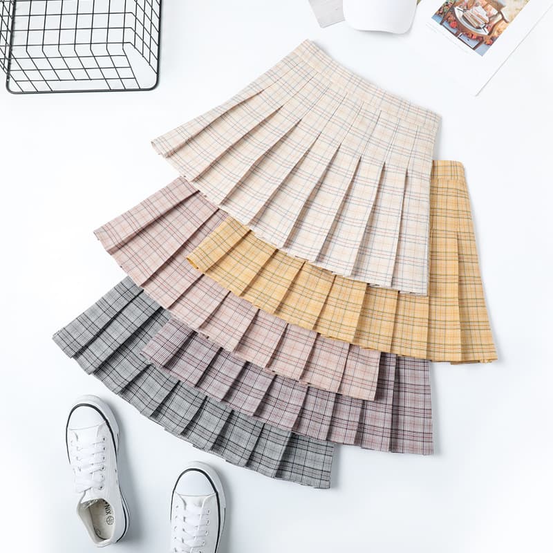 ​"Women's Pleated Skirt High Waist A-Line Mini Skirt With Checkered Pattern, Casual Spring Summer Outfit, Flattering Fit For XS-3XL (Grey, Beige,