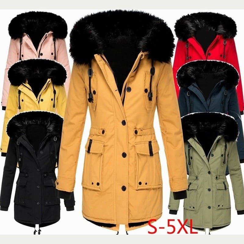 Women's Winter Fleece-Lined Parka Coat With Thickened Cotton, Faux Fur Collar, Flared Hem, Long Sleeve Casual Outerwear