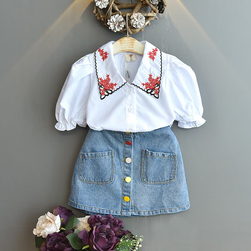 Mother & Kids children's clothing girls Korean version foreign trade fashion embroidered short-sleeved shirt plus denim skirt two-piece suit