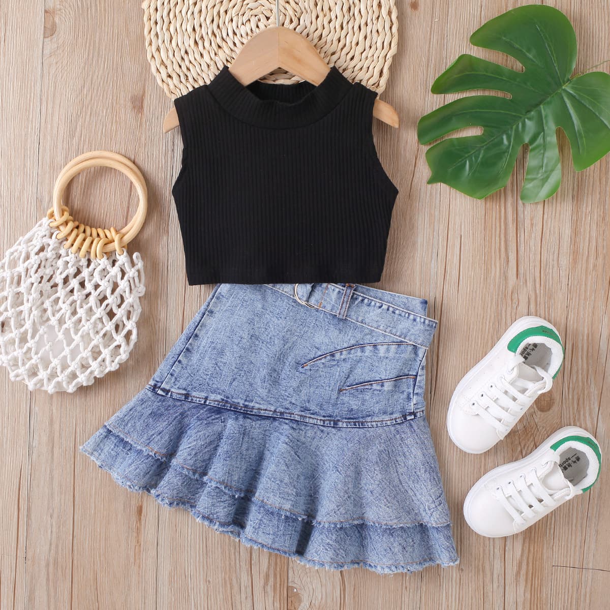 Mother & Kids Children's Clothing Girls Solid Color Waistcoat Sleeveless Top Denim Open Pocket Pleated Skirt Suit