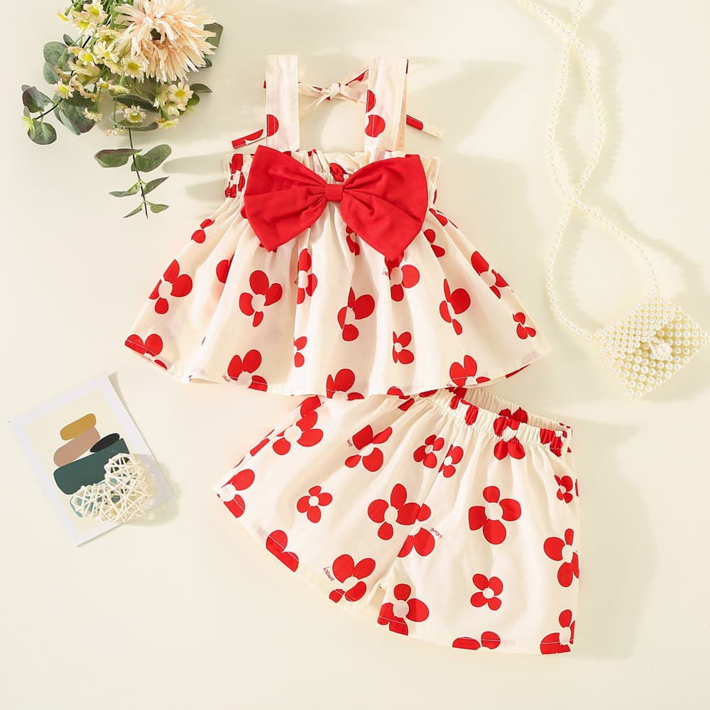 Kids’ Clothing Children's Clothing Bow Suspenders Tops And Shorts Sweet Print Two Piece Suit