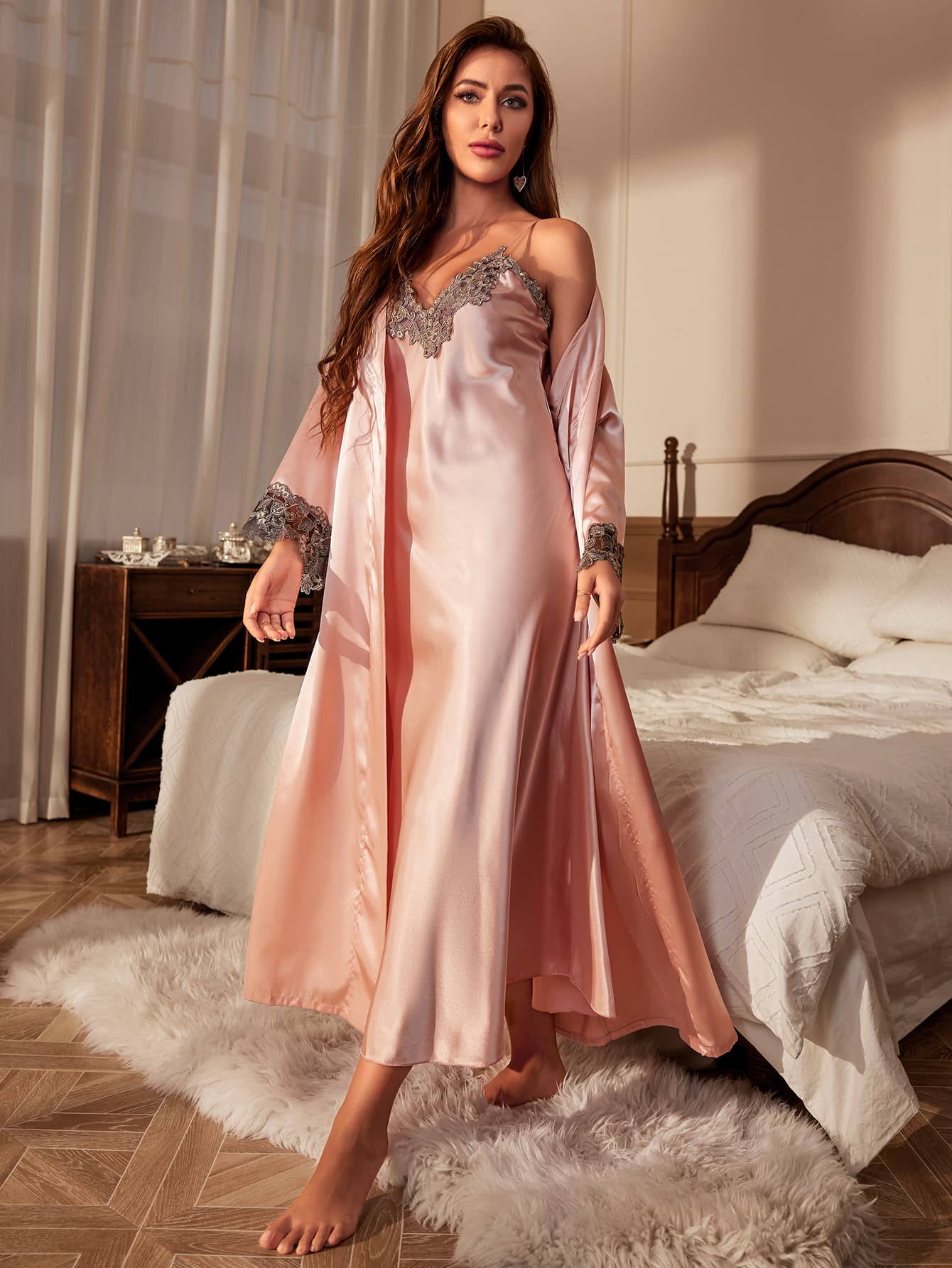 Contrast Lace Pajama Set Long Sleeve Robe With Belt V Neck Slip Dress Women's Sleepwear Loungewear
