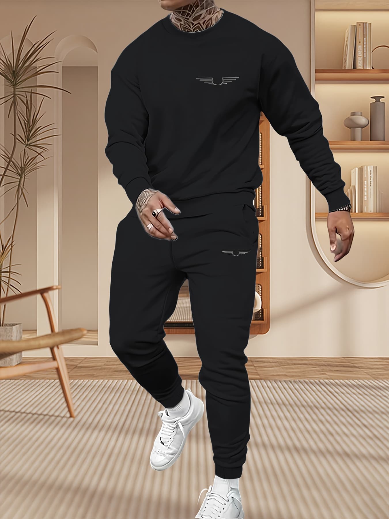 Autumn And Winter 2-piece Set Men's Long Sleeved Round Neck Black Top Loose Casual Hoodie Long Pants SetHerren Trendiges Print Sweatshirt