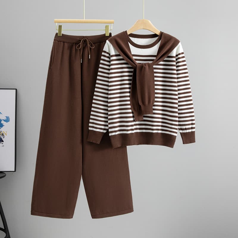 Women's Clothing Elegant Knit Two-Piece Set For Women - Striped Sweater & Wide-Leg Pants, Autumn Winter Office Outfit (Khaki, Coffee, Black, Navy)​​