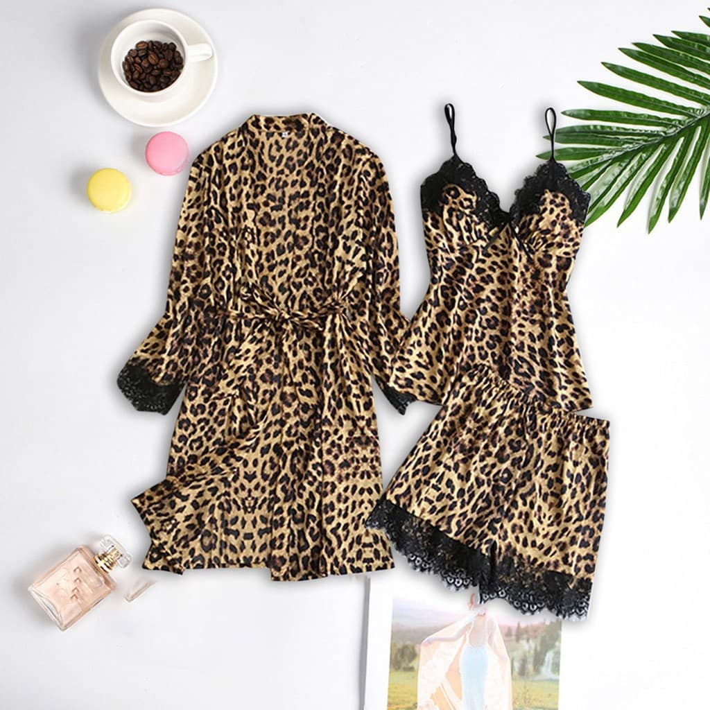 Women's Clothing silk black leopard print home clothes pajamas set fashion lace pajamas set