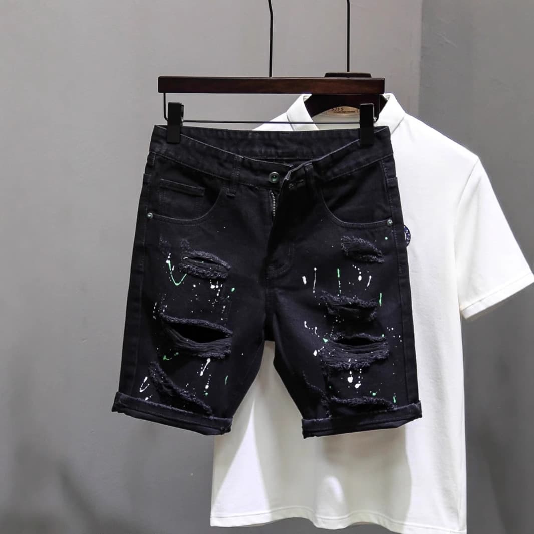 Men's Washed Denim Shorts – Mid-Thigh Casual Cotton Stretch Cargo Shorts (White/Black, 28-36, 65% Cotton, Relaxed Fit)
