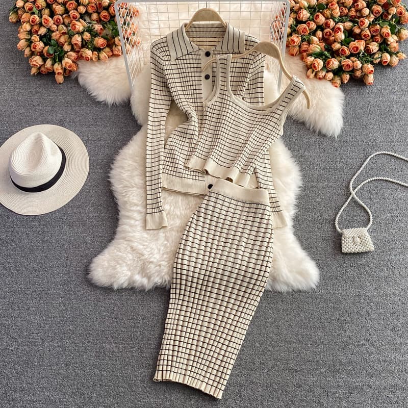 Women's Fashion Sleeveless Vest Three-piece High-waisted Striped Hip Wrap Skirt