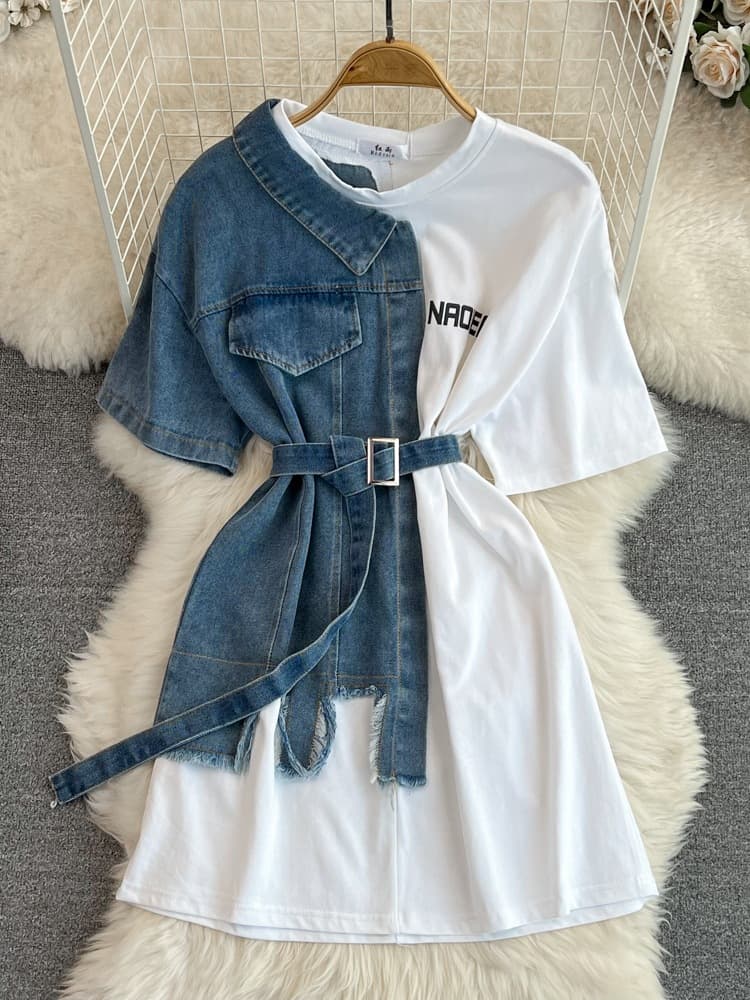 Women's Fitted Waist Round Neck Color-blocked Denim T-shirt, Fashionable And Casual Mid-length Dress