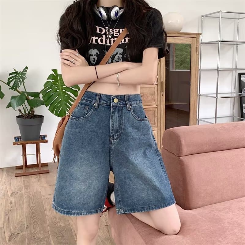 2025s Women's Summer Petite Straight Slimming High Waist American Style Loose Wide Leg Mid-Length Jeans