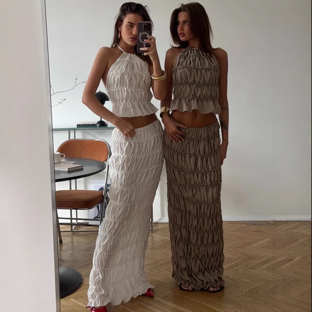 2025 Spring Summer New Casual Halter Neck Multi-Wear Two-Piece INS Loose Vacation Women's Skirt Set
