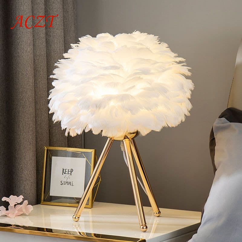 Nordic Gold Triangle LED Desk Lamp With Feather Decoration For Bedside