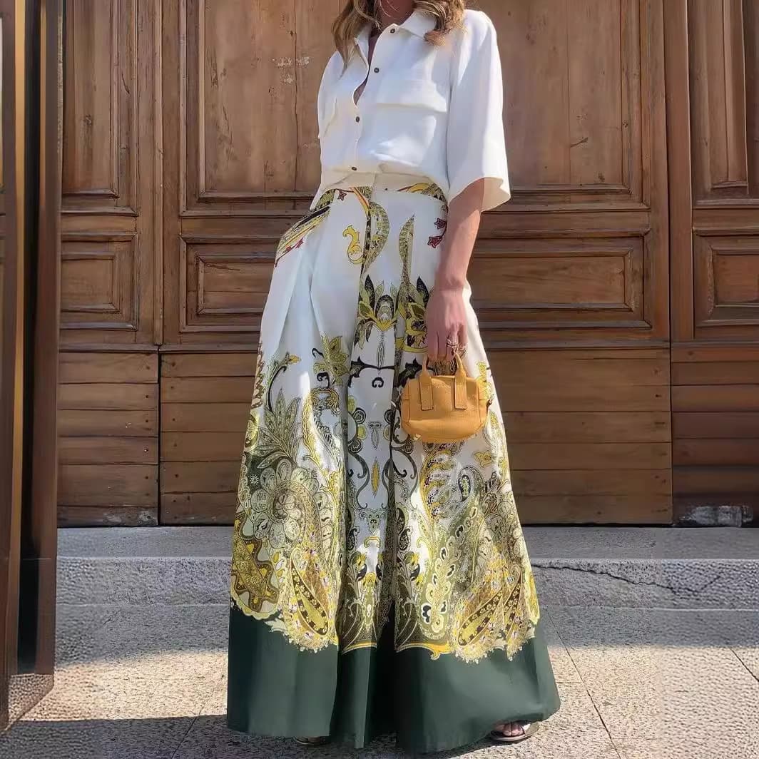 Women's Clothing temperament elegant single-breasted shirt high-waist printed wide-leg pants suit