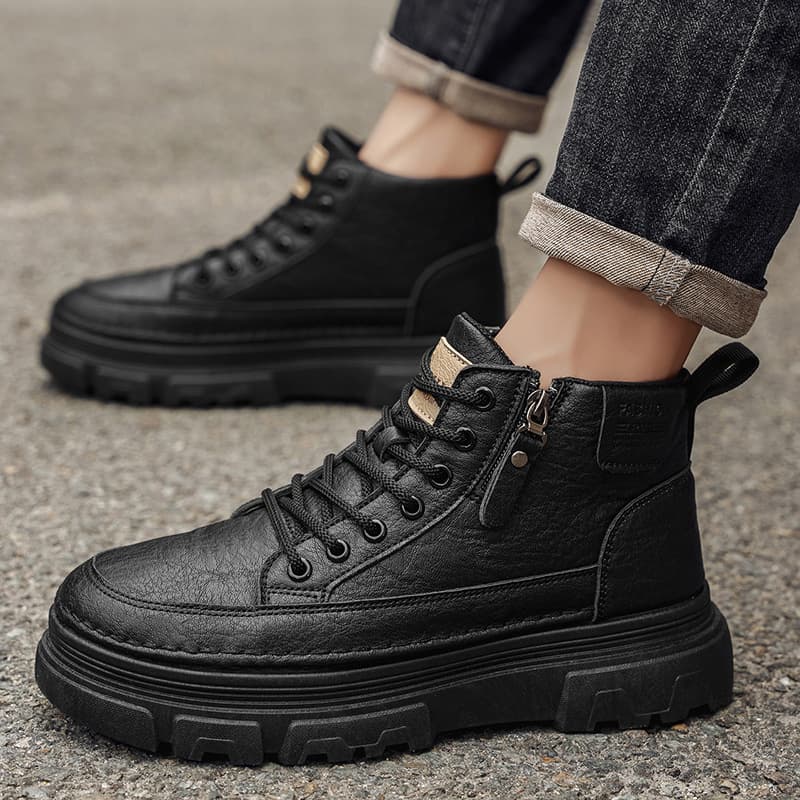 Autumn Solid Color New Fashion Simple Stitching Lightweight Comfortable Casual Lace-up Thick-soled Men's Martin Boots