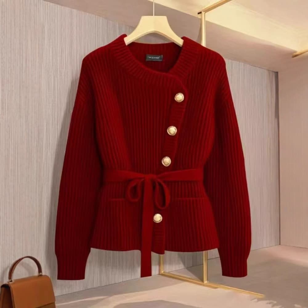 ​​"Elegant Knitted Sweater Coat For Women - Soft Red Winter Top With Relaxed Fit, Versatile Layering Piece"​​