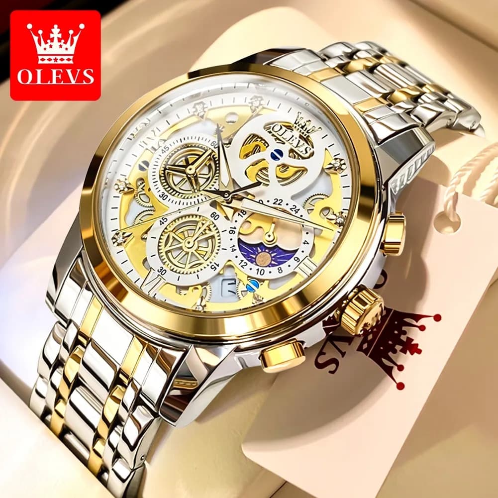 Men's Watches Top Brand Luxury Original Waterproof Quartz Watch For Man Gold Skeleton Style 24 Hour Day Night New