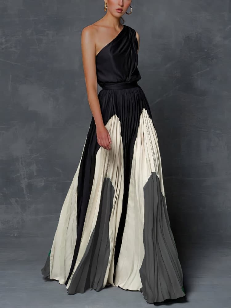 Freeacy New Female Printed Elegant Chic A line Pleated Party Dress Summer One Shoulder Prom Evening Maxi Dresses