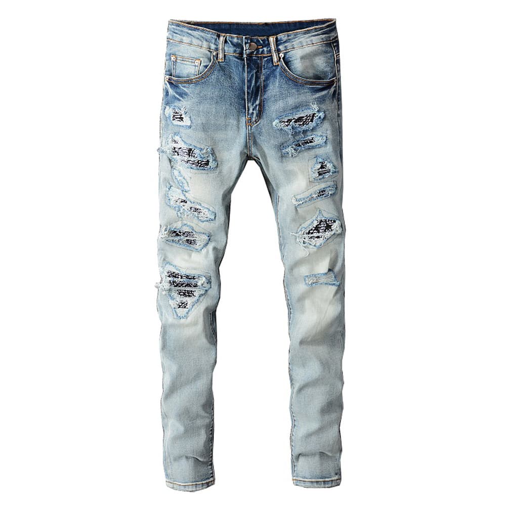 Men's Clothing High Street Fashion Brand Men's Clothing Trend Men's Slim Elastic Knee Hole Patch Jeans Skinny Pants