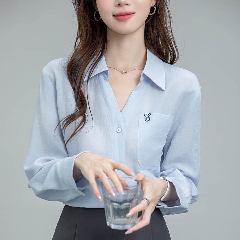 Real Shot Blue Shirt For Women Early Autumn Commuter V-Neck Lapel Embroidery Tencel Linen Long Sleeve Shirt For Women