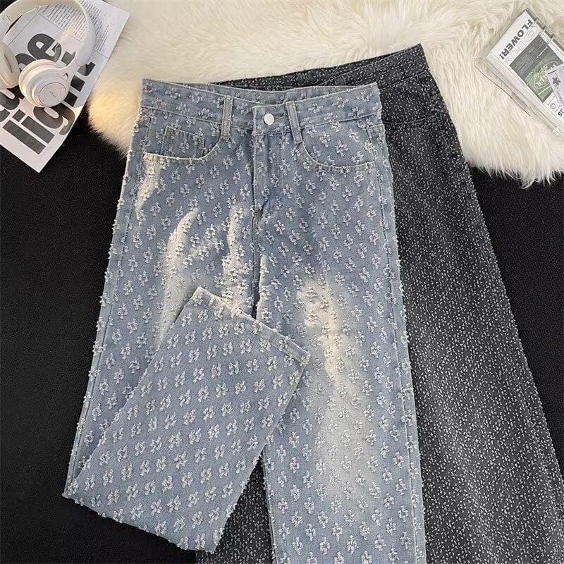 Men's Retro Hole Wide Leg Jeans Mid Waist Straight Pants Loose Hiphop Fashion Workwear Royal Blue Denim For Autumn