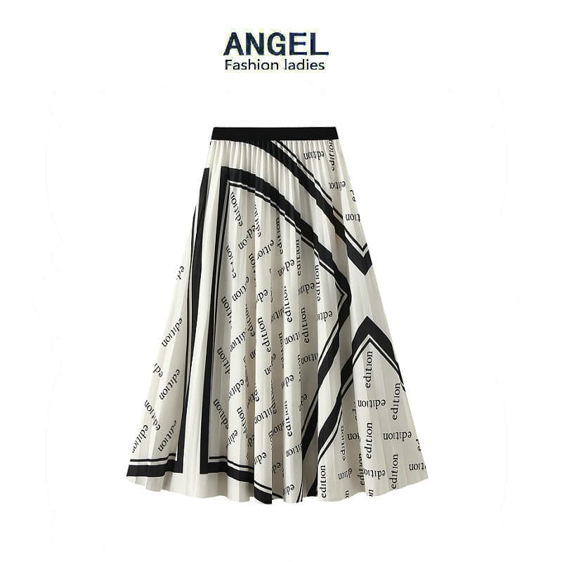 Women's Clothing Pleated letter printed skirt for women autumn new elastic waist mid length large swing umbrella skirt