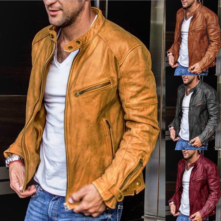 Men's autumn and winter high-quality PU for men's youth standing collar punk motorcycle leather jacket
