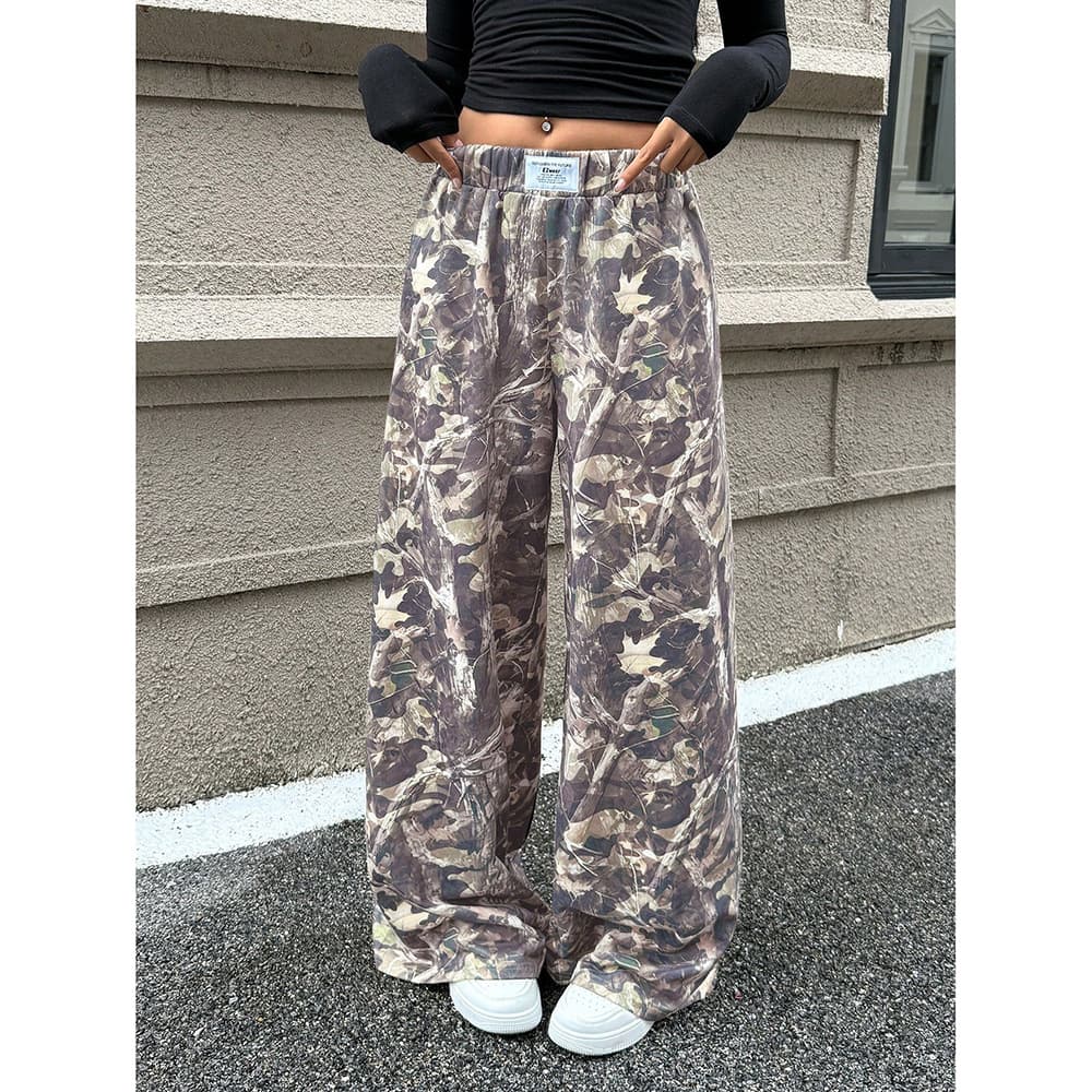 Women's Clothing Branch Pattern Casual Pants Spring And Autumn New Straight High Waist Loose Wide Leg Trousers Spot Delivery