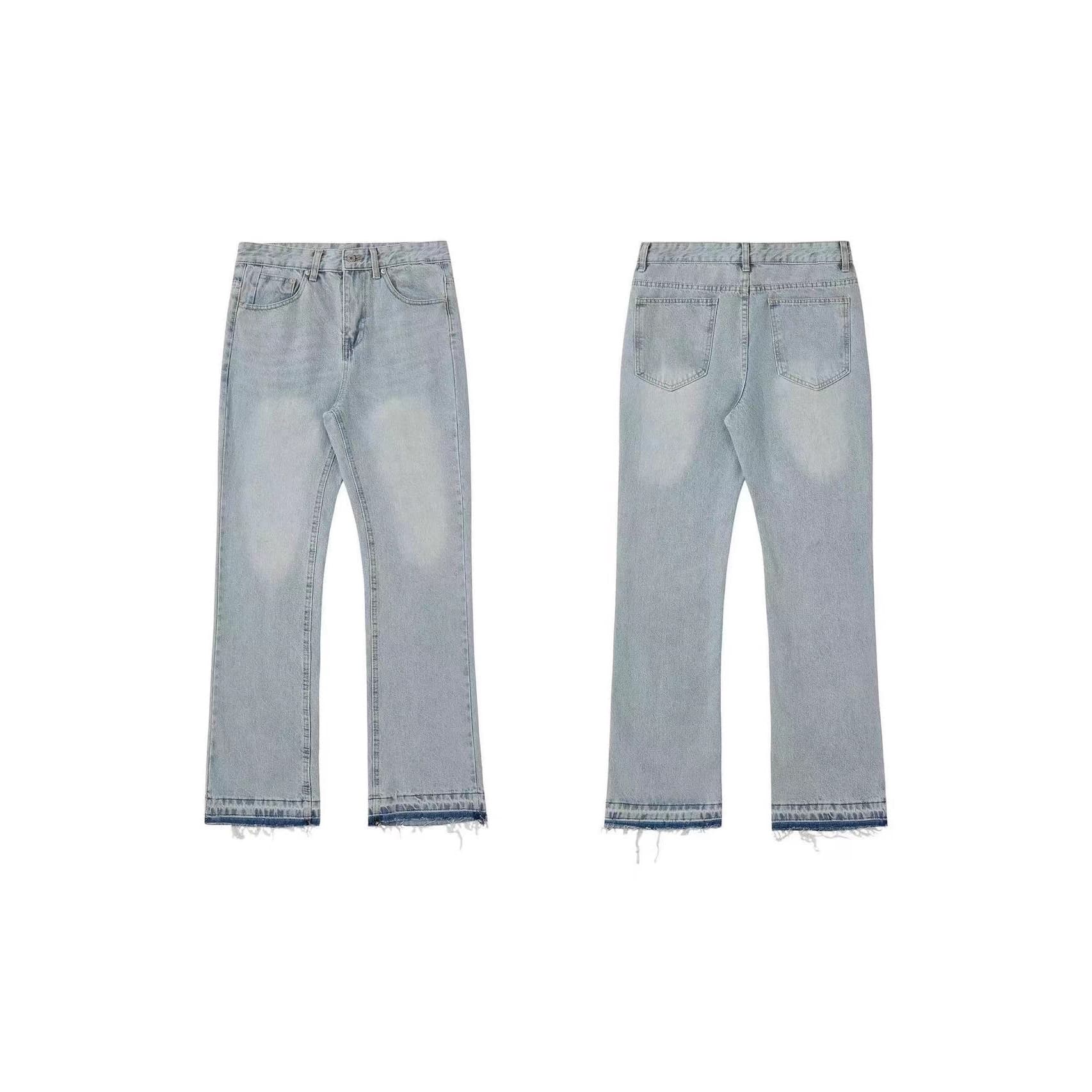 Men's Clothing Distressed Flared Jeans - Vintage Grey Cleanfit Denim With Frayed Hem, High Street Micro Bell Bottoms