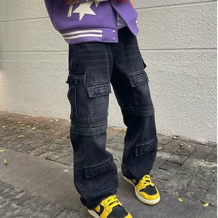 Men's Clothing High Street Heavy Washed Jeans Men's Straight Loose Velcro Multi Pocket Wide Leg Overalls Trend