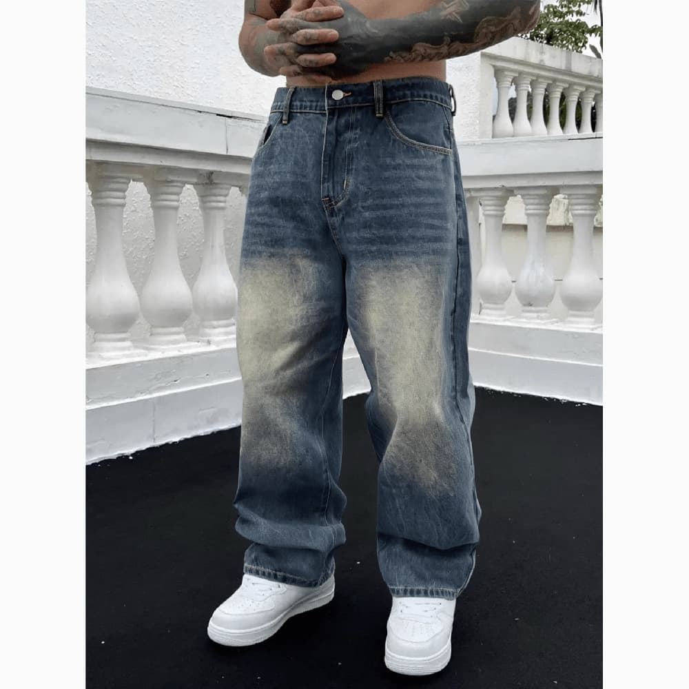 Streetwear Straight Leg Jeans For Men - Mid Rise Stretch Denim Pants In Charcoal/Blue, Comfort Fit For Casual & Urban Style