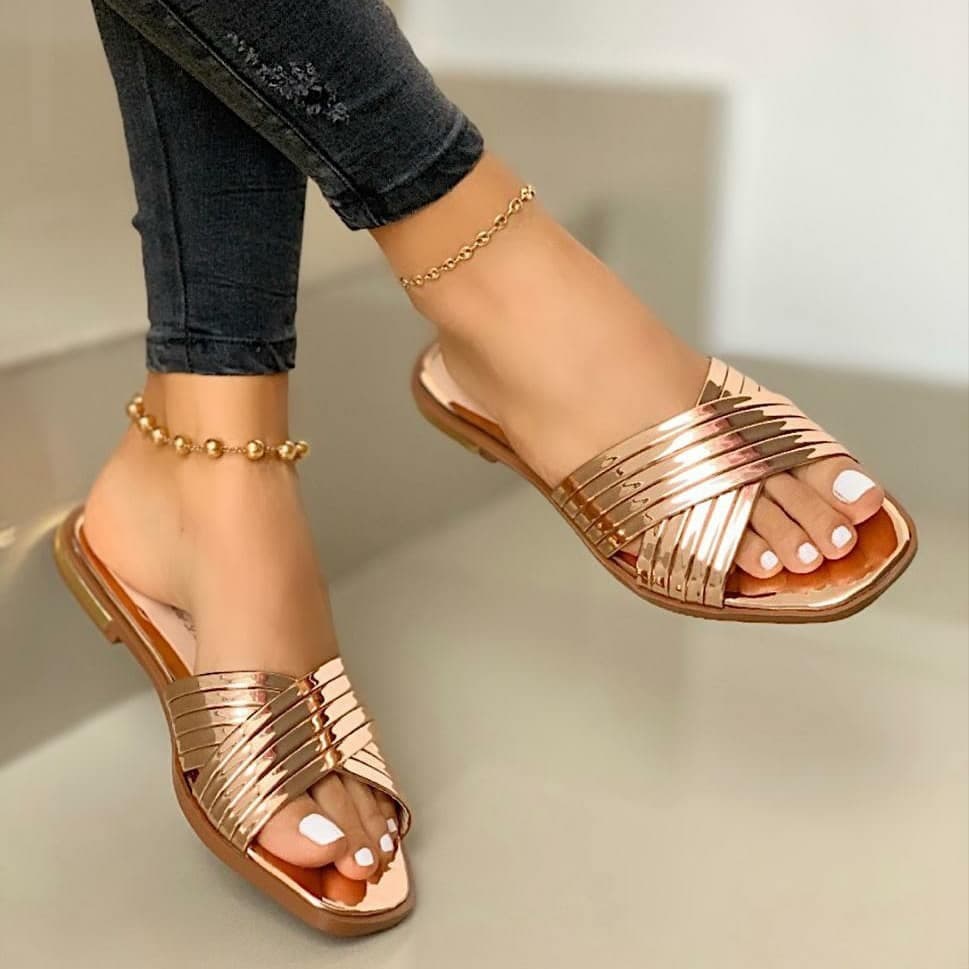 Women's Shoes Rhinestones Slippers And Metal Texture Cross Ladies Slippers Large Size Shoes