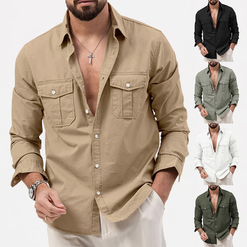2024 New Cross-border Independent Station Men`s Shirt Multi-pocket Casual Long Sleeve Shirt Men