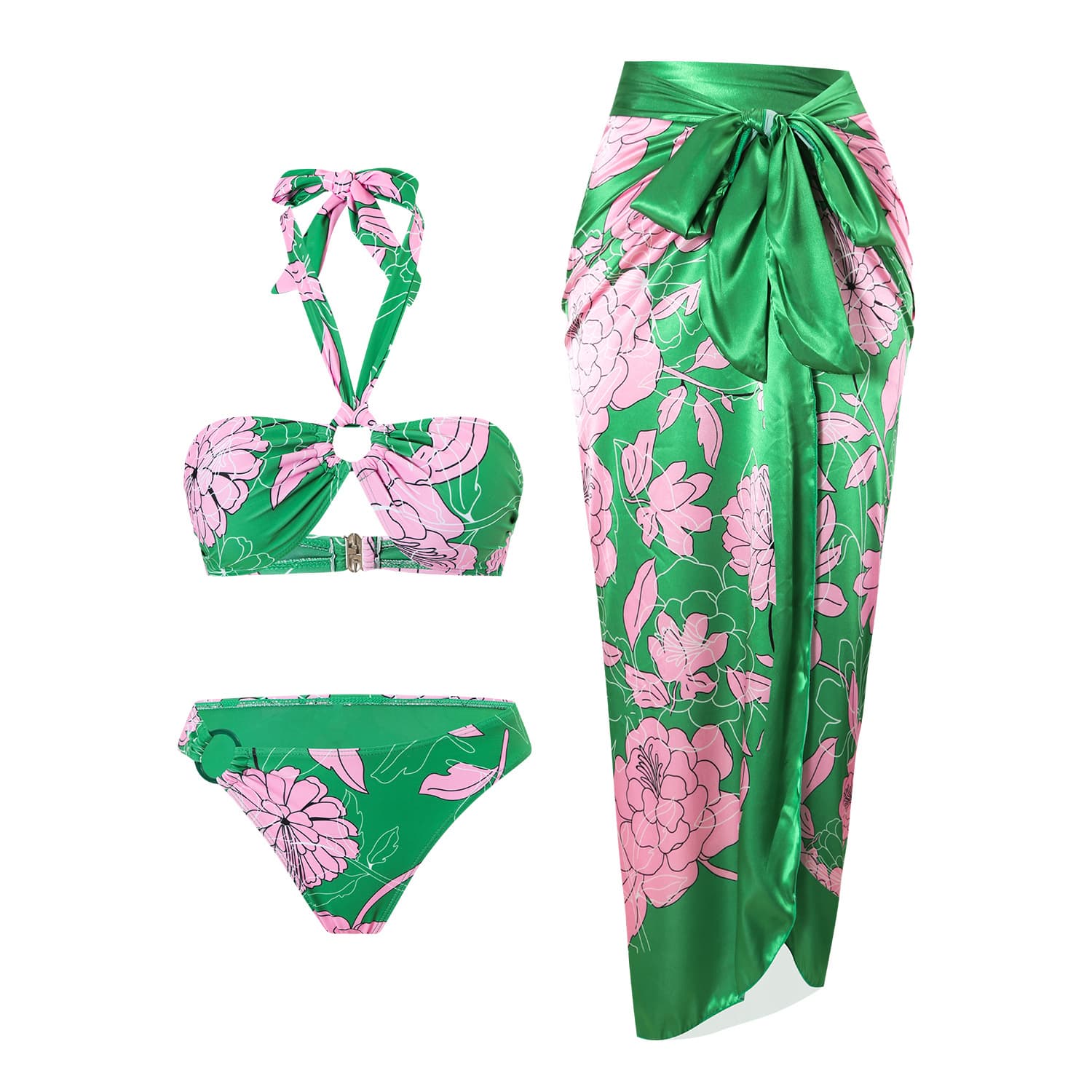 Women's Clothing Swimsuit Lace Up Print Sexy Bikini Halter Neck Split Swimsuit Bikini
