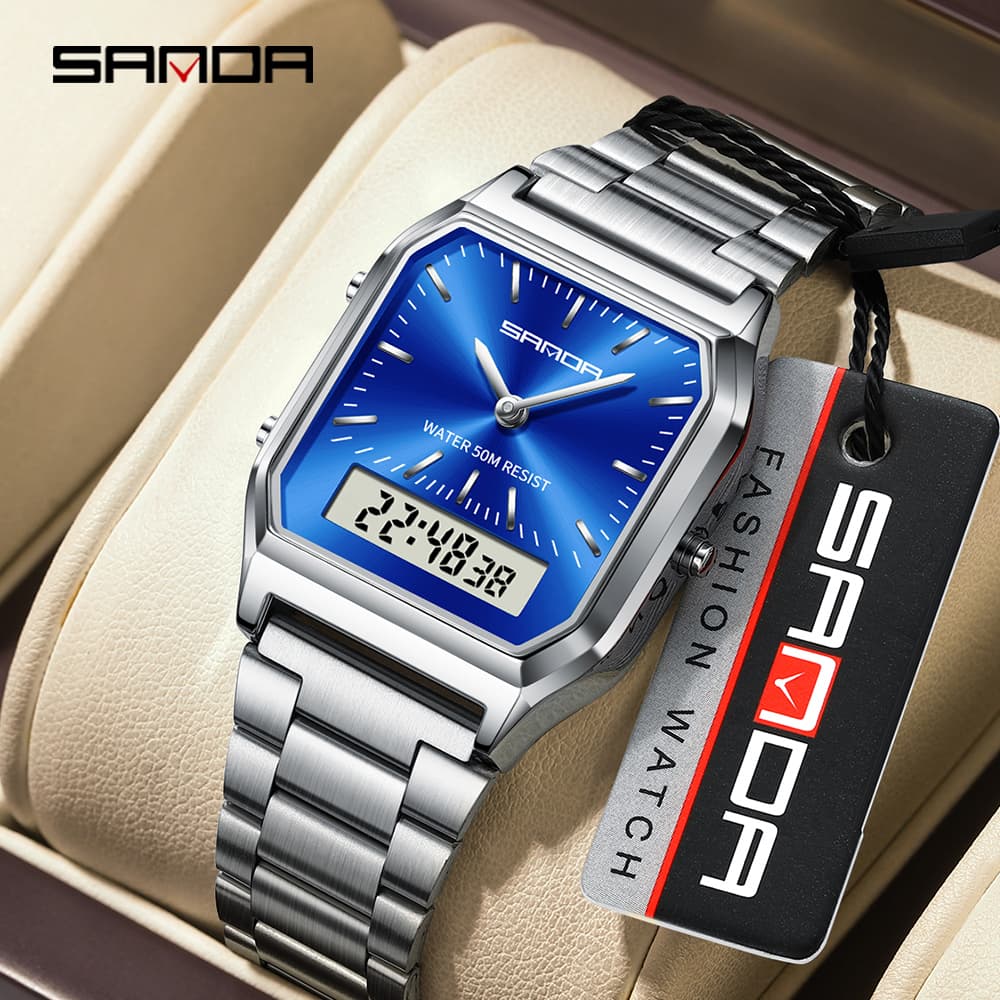 SANDA Dual Display Clock Stainless Steel Women LED Digital Watch Unisex Waterproof Sports Quartz Men's Watch