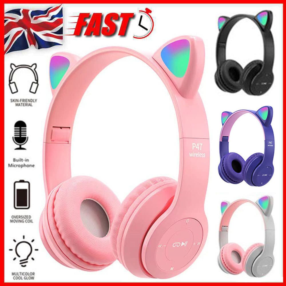 Casque sans fil Bluetooth pour enfants avec oreilles de chat et lumières LED