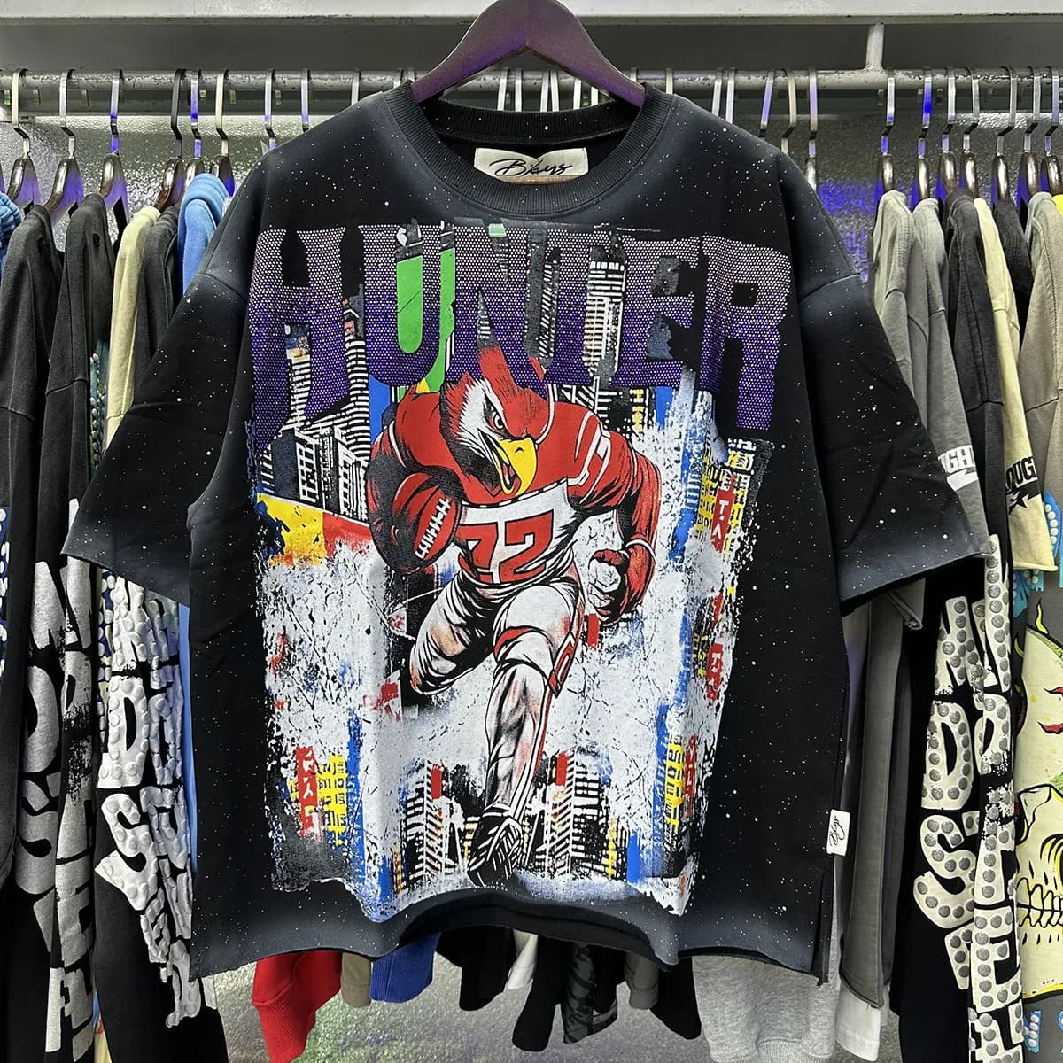 T-shirts pour hommes BKYS, imprimé losanges rétro graffiti squelette diable, coton noir délavé, manches courtes, coupe ample.