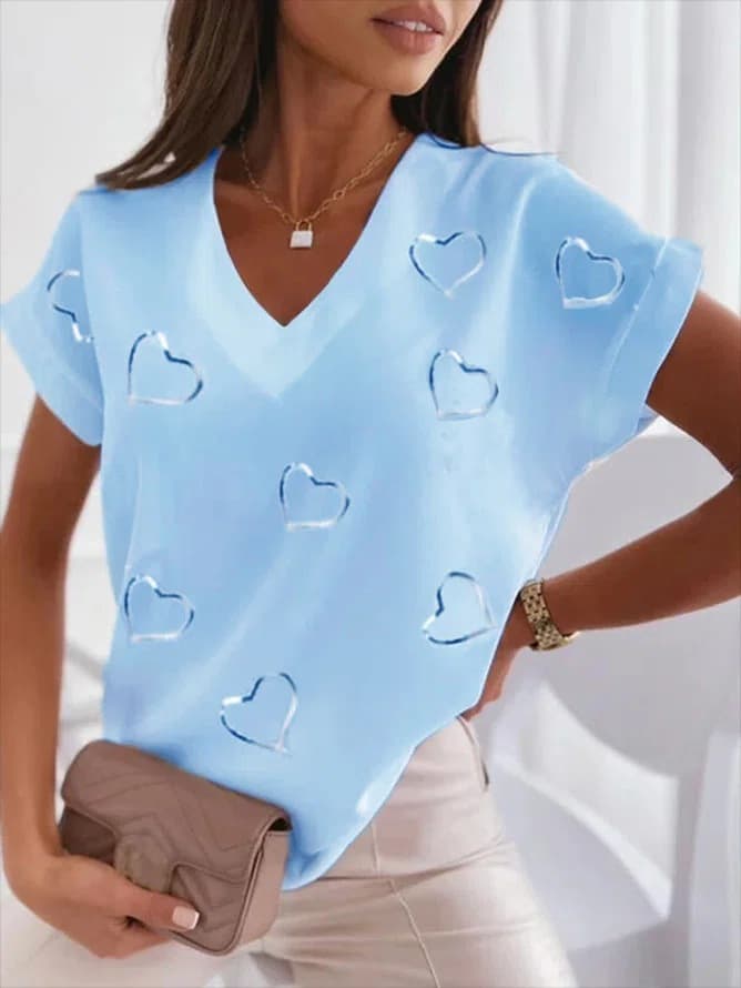 Women's white heart-shaped printed V-neck cotton blend short-sleeved casual T-shirt