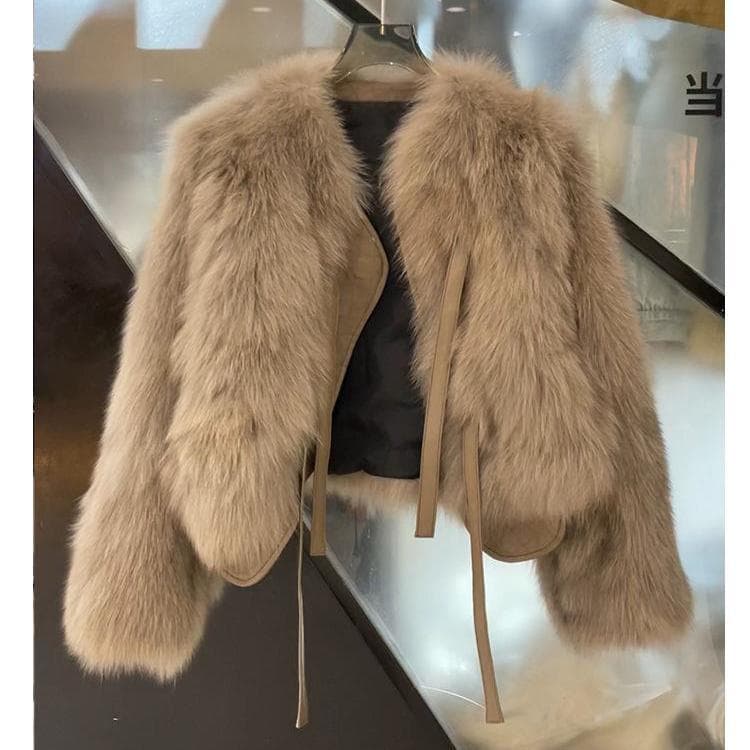 "Korean-Style Faux Fur Coat – Short Lace-Trimmed Loose Top For Women (Milk Brown/Black/Brown/Milky White, S-XL)"