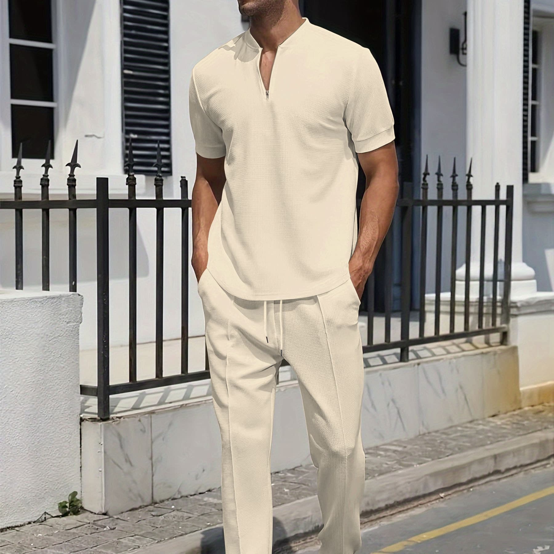 Men's Clothing Waffle Stand Collar Zipper Solid Color Short Sleeved Trousers Outdoor Leisure Suit