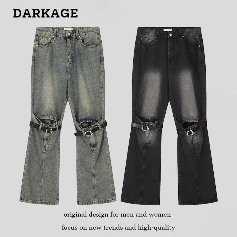 American Street Style Knee-Ripped Belt Jeans Unisex Punk Motorcycle Workwear Long Pants Trendy