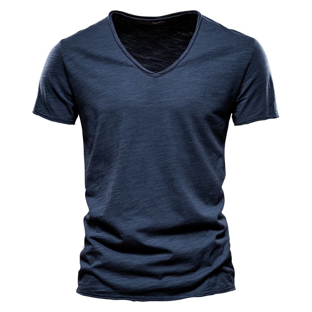 Summer New Solid Color Bamboo Knot V-neck Short Sleeved T-shirt Pure Cotton Men's Clothing