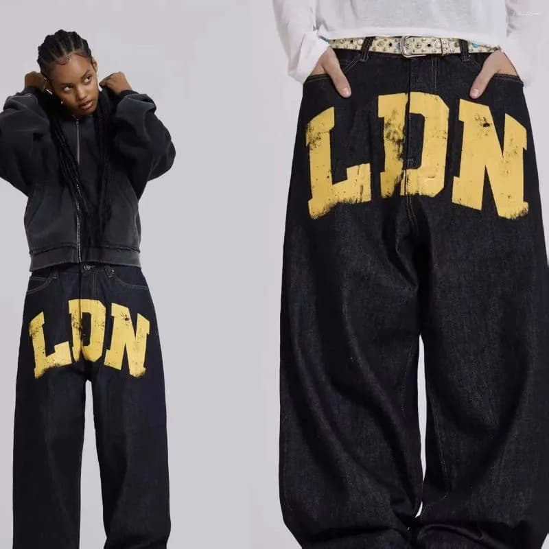 Men's Jeans Letter Print American Vintage Hip Hop Men And Women Black Gothic 2000s Loose Fashion Wide Leg Casual