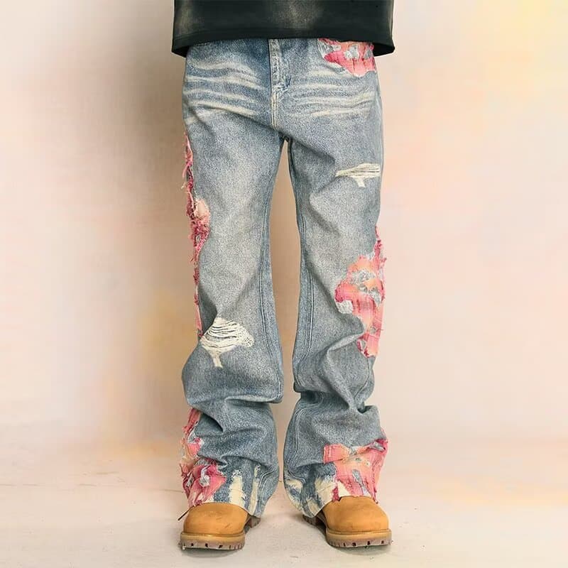 Men's Clothing Jeans Cross Border High Quality American High Street Stitching Jeans Men And Women Slightly Spicy Pants Printing