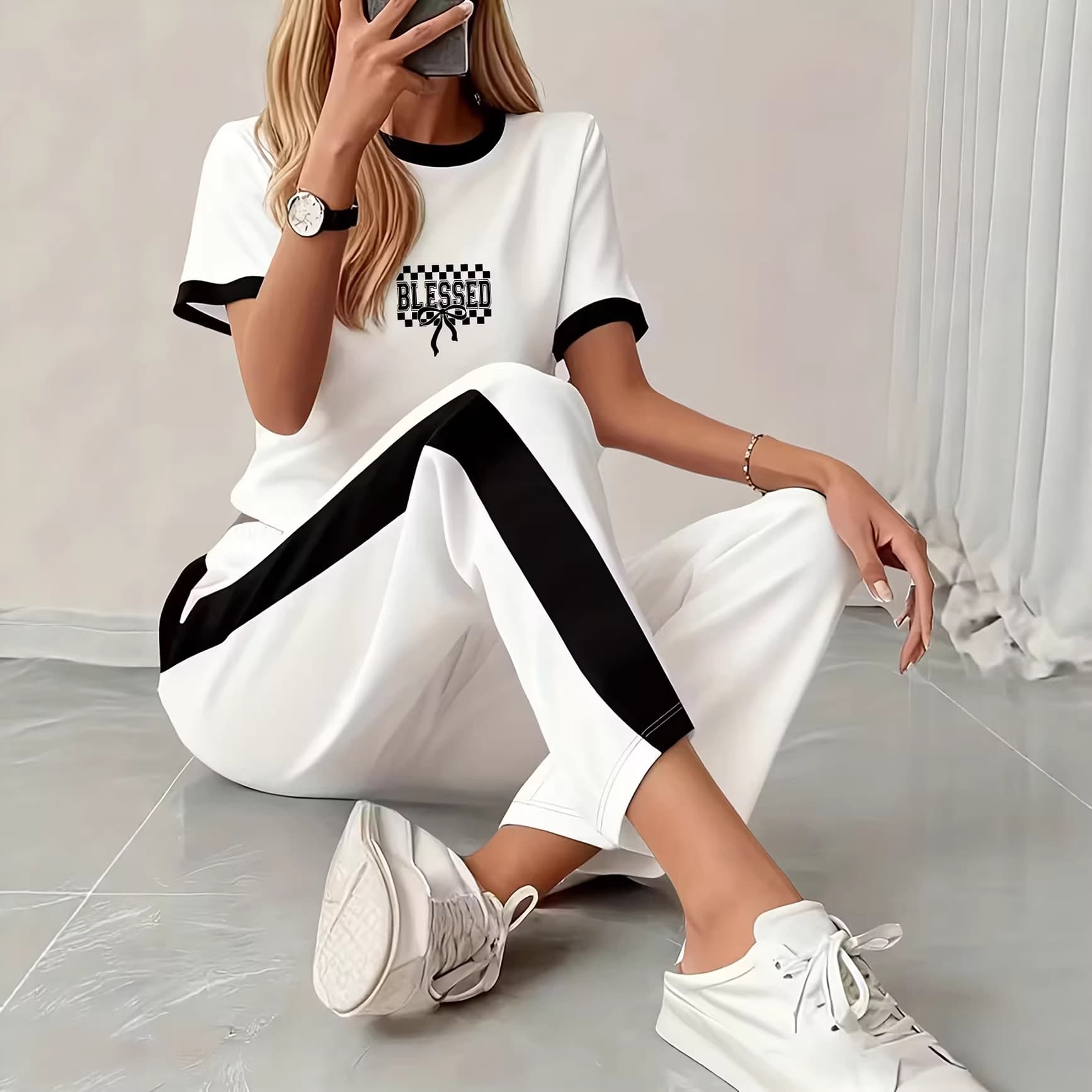 Women's Clothing Women's Trendy Black And White Color Block Letter Print Set Summer Fashion Personalized Clothing