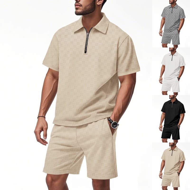 Men's Heavy Loose Casual Simple Checkerboard Zipper Polo Shirt Short Sleeve Shorts Set