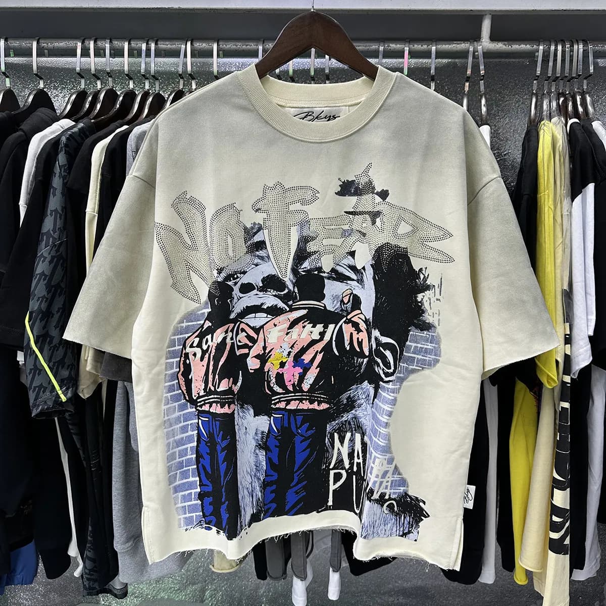 T-shirts pour hommes BKYS, imprimé losanges rétro graffiti squelette diable, coton noir délavé, manches courtes, coupe ample.