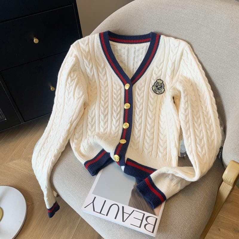 Women's Clothing 2024 Spring New College Style V neck Contrast Color Knitted Cardigan Waist Slimming Cable Knit Sweater Jacket Tops Women