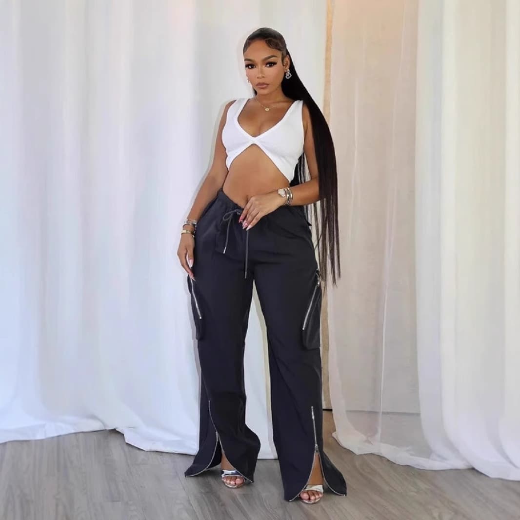 Streetwear Cargo Pants For Women - Stylish Multi-pocket Zip Detail Loose Fit Straight Leg Joggers With Adjustable Waistband