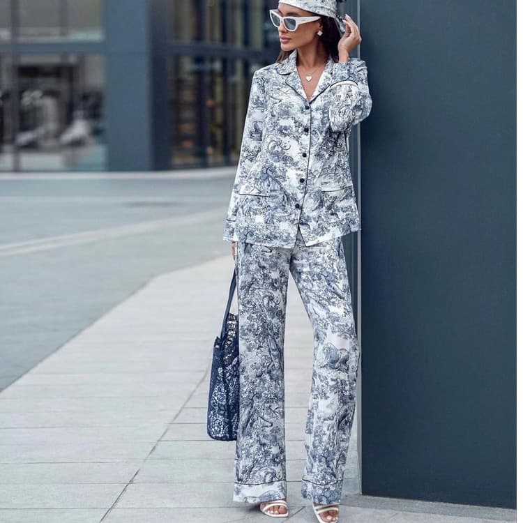 New Ink Printing Suit INS Simple Small Lapel Long Sleeve Trousers Two Piece Set Women's Clothing